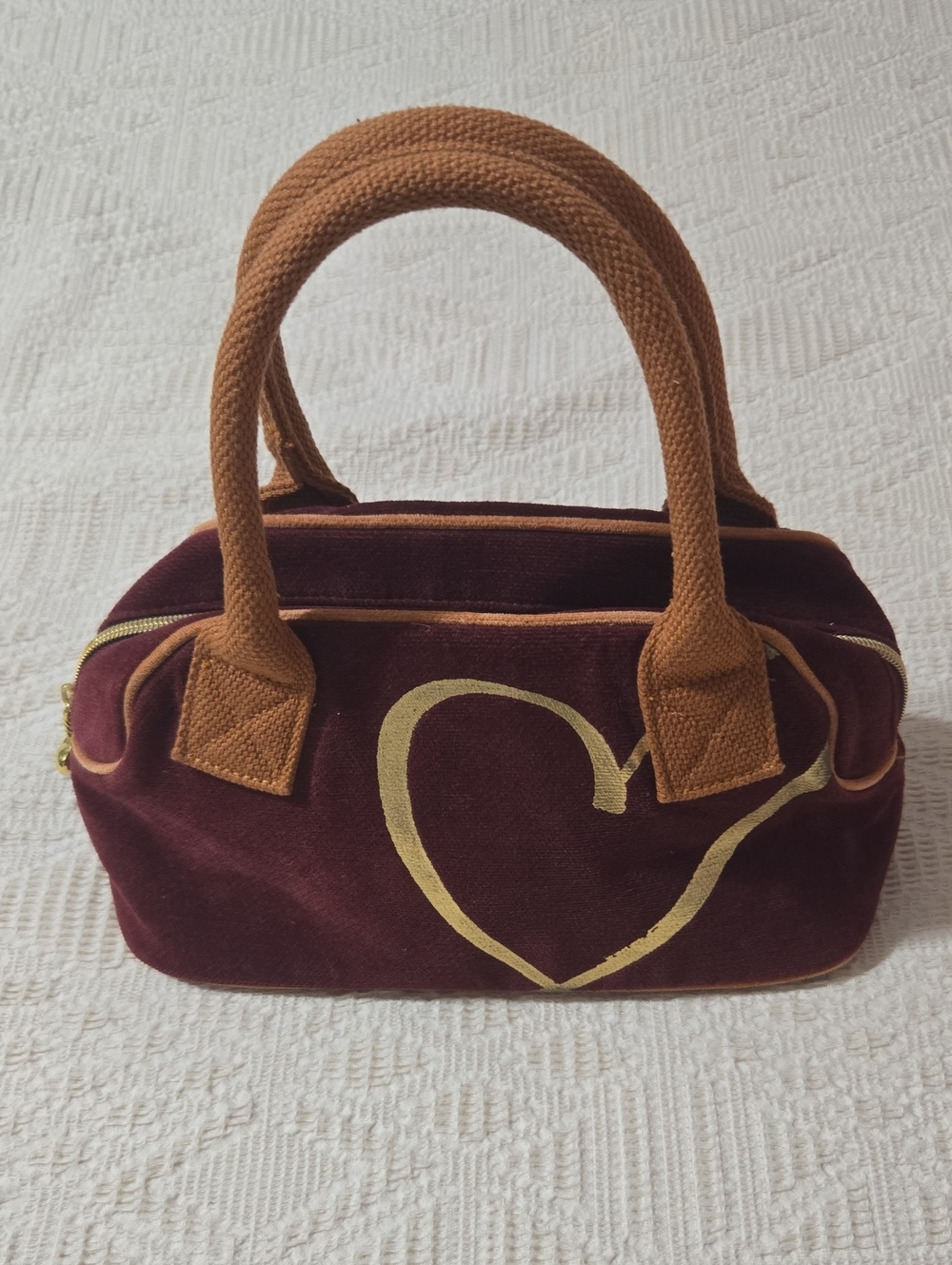 Victoria's Secret Burgundy Velvet Satchel with Gold Heart and Tan Handles
